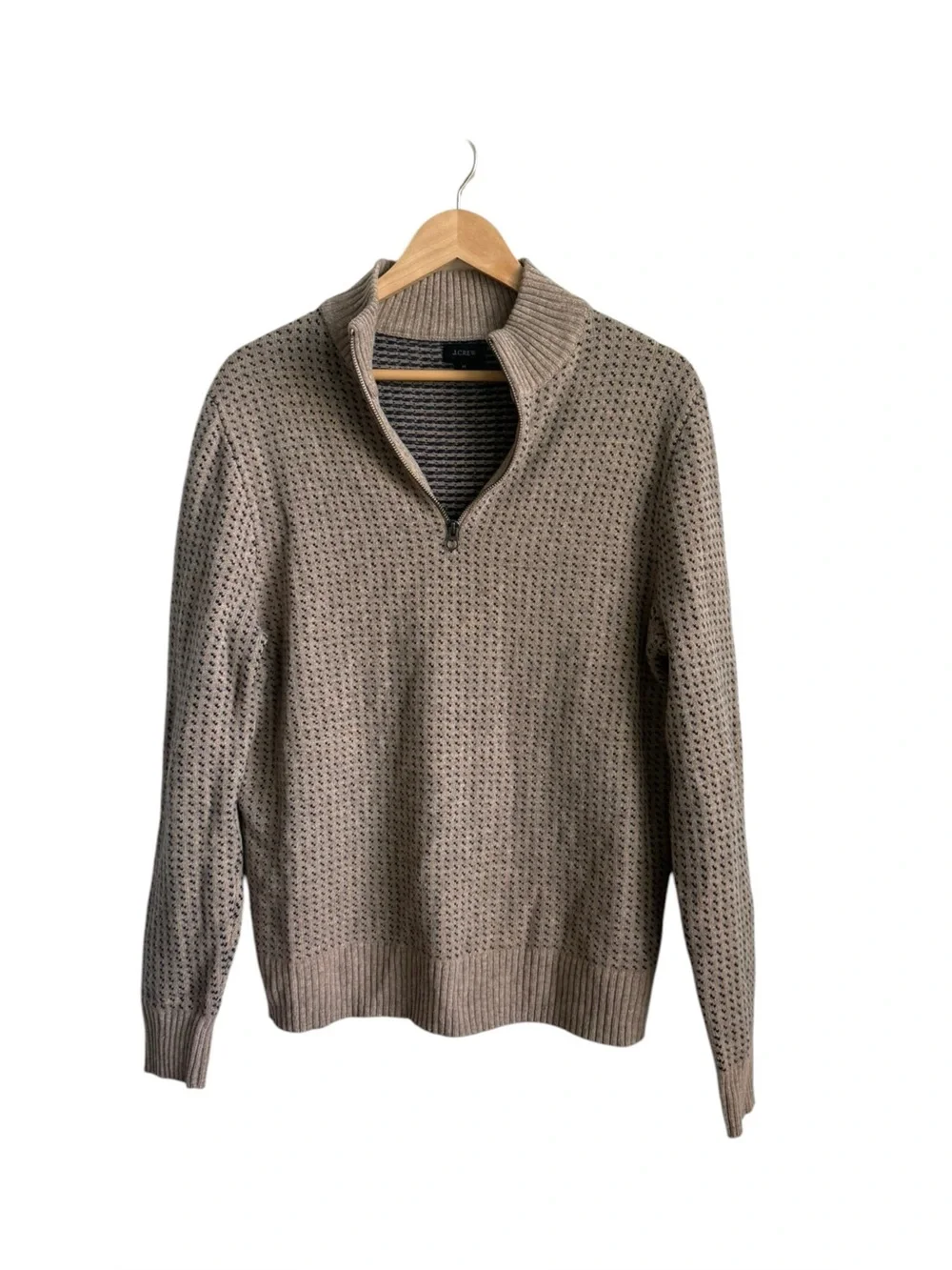 J.Crew Rugged Merino Birdseye Half Zip Sweater Tan Navy Men's Medium